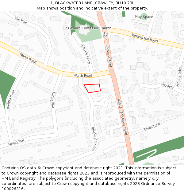 1, BLACKWATER LANE, CRAWLEY, RH10 7RL: Location map and indicative extent of plot