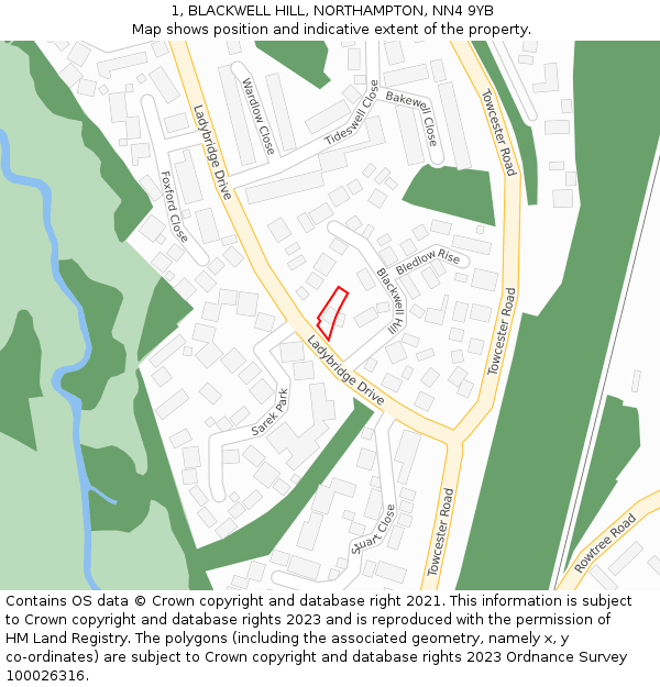 1, BLACKWELL HILL, NORTHAMPTON, NN4 9YB: Location map and indicative extent of plot