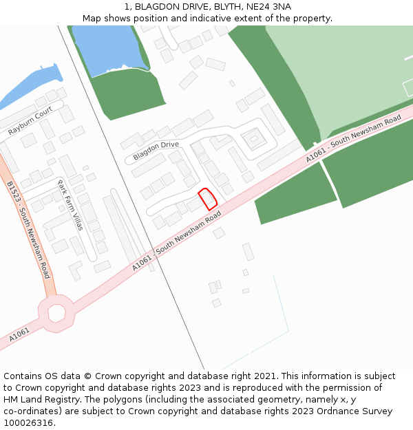 1, BLAGDON DRIVE, BLYTH, NE24 3NA: Location map and indicative extent of plot