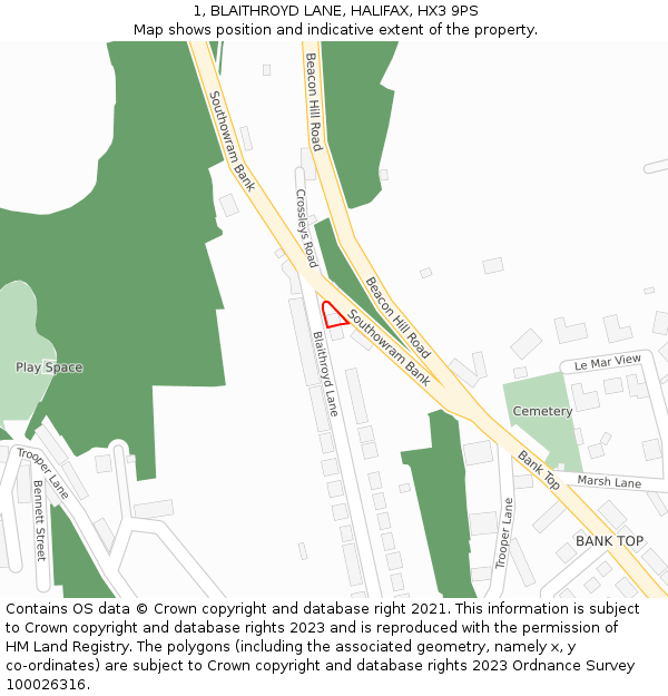 1, BLAITHROYD LANE, HALIFAX, HX3 9PS: Location map and indicative extent of plot