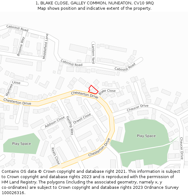 1, BLAKE CLOSE, GALLEY COMMON, NUNEATON, CV10 9RQ: Location map and indicative extent of plot