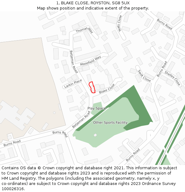 1, BLAKE CLOSE, ROYSTON, SG8 5UX: Location map and indicative extent of plot