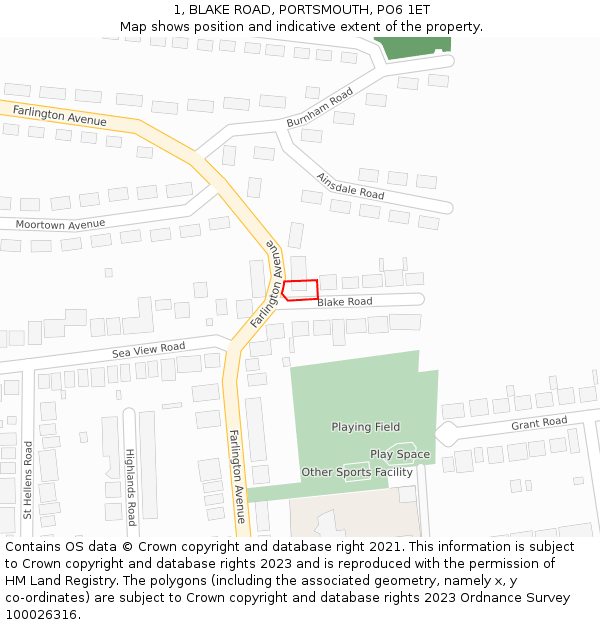 1, BLAKE ROAD, PORTSMOUTH, PO6 1ET: Location map and indicative extent of plot