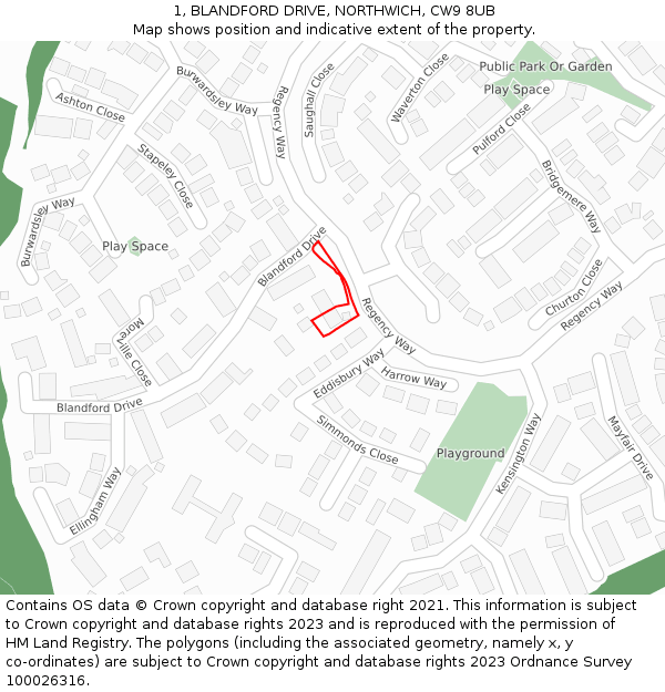 1, BLANDFORD DRIVE, NORTHWICH, CW9 8UB: Location map and indicative extent of plot