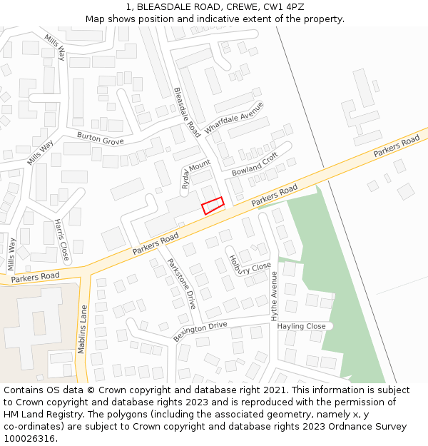 1, BLEASDALE ROAD, CREWE, CW1 4PZ: Location map and indicative extent of plot