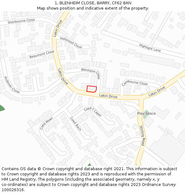 1, BLENHEIM CLOSE, BARRY, CF62 8AN: Location map and indicative extent of plot