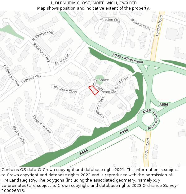 1, BLENHEIM CLOSE, NORTHWICH, CW9 8FB: Location map and indicative extent of plot