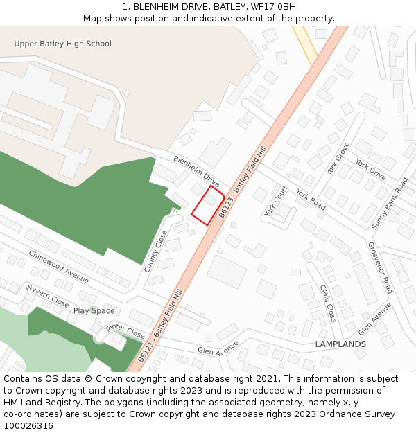 1, BLENHEIM DRIVE, BATLEY, WF17 0BH: Location map and indicative extent of plot