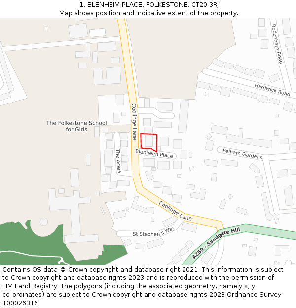 1, BLENHEIM PLACE, FOLKESTONE, CT20 3RJ: Location map and indicative extent of plot