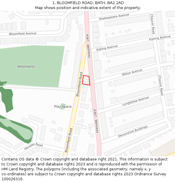 1, BLOOMFIELD ROAD, BATH, BA2 2AD: Location map and indicative extent of plot