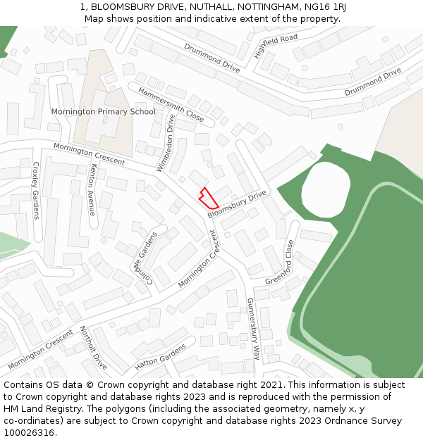 1, BLOOMSBURY DRIVE, NUTHALL, NOTTINGHAM, NG16 1RJ: Location map and indicative extent of plot