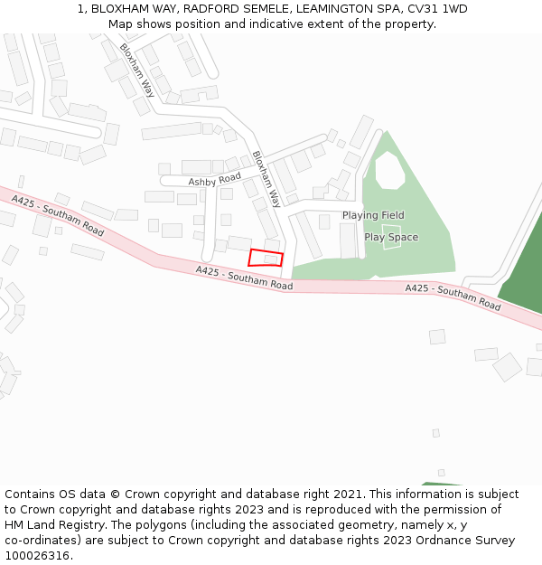 1, BLOXHAM WAY, RADFORD SEMELE, LEAMINGTON SPA, CV31 1WD: Location map and indicative extent of plot
