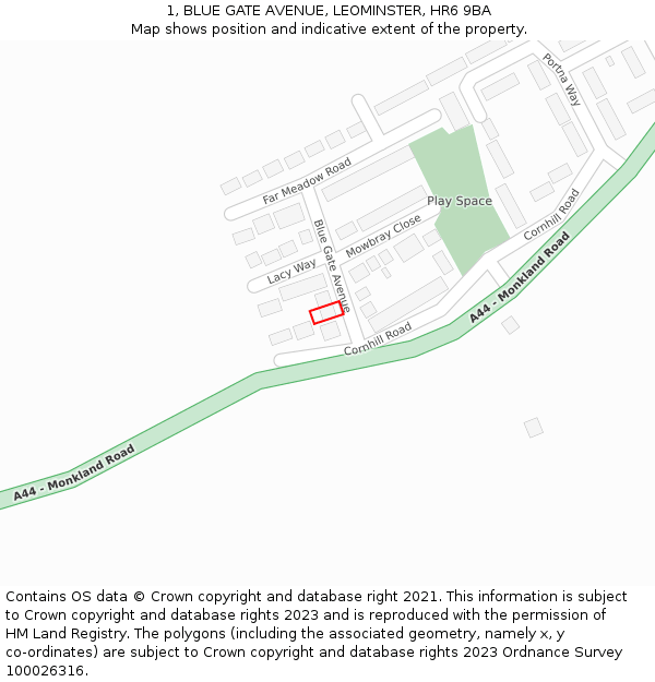 1, BLUE GATE AVENUE, LEOMINSTER, HR6 9BA: Location map and indicative extent of plot