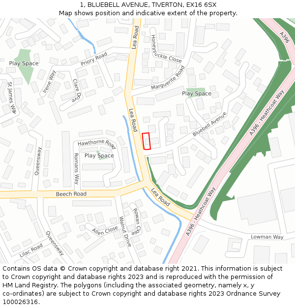 1, BLUEBELL AVENUE, TIVERTON, EX16 6SX: Location map and indicative extent of plot