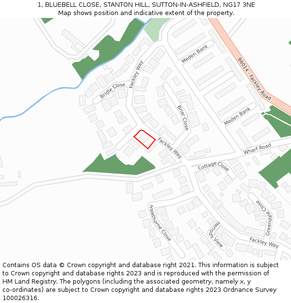 1, BLUEBELL CLOSE, STANTON HILL, SUTTON-IN-ASHFIELD, NG17 3NE: Location map and indicative extent of plot