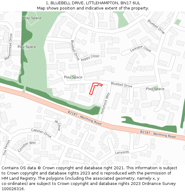 1, BLUEBELL DRIVE, LITTLEHAMPTON, BN17 6UL: Location map and indicative extent of plot