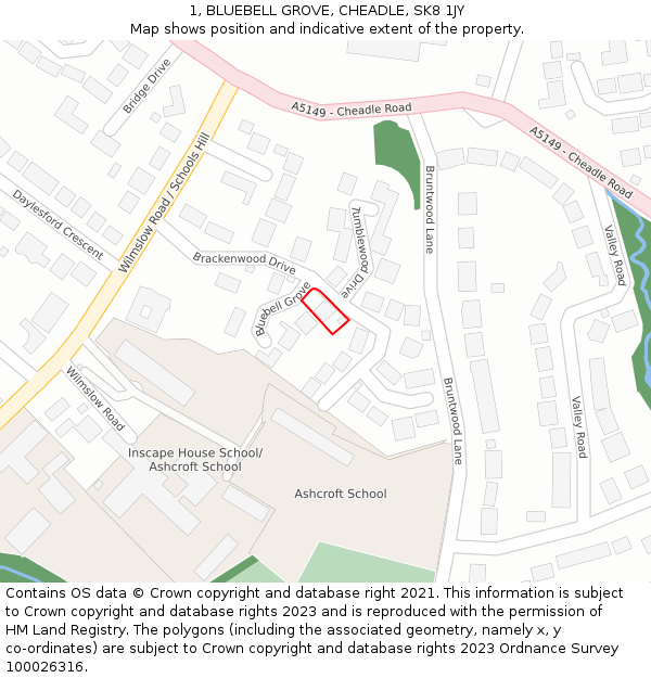 1, BLUEBELL GROVE, CHEADLE, SK8 1JY: Location map and indicative extent of plot