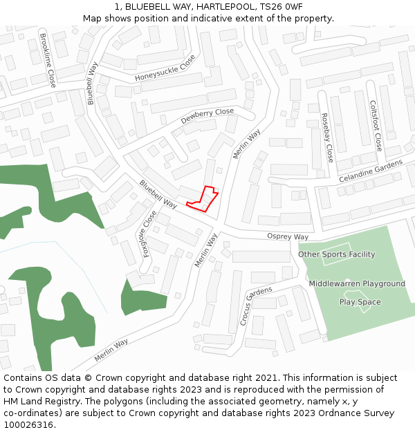 1, BLUEBELL WAY, HARTLEPOOL, TS26 0WF: Location map and indicative extent of plot