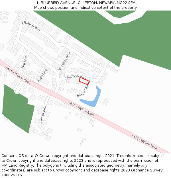 1, BLUEBIRD AVENUE, OLLERTON, NEWARK, NG22 9EA: Location map and indicative extent of plot