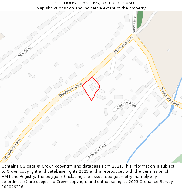 1, BLUEHOUSE GARDENS, OXTED, RH8 0AU: Location map and indicative extent of plot