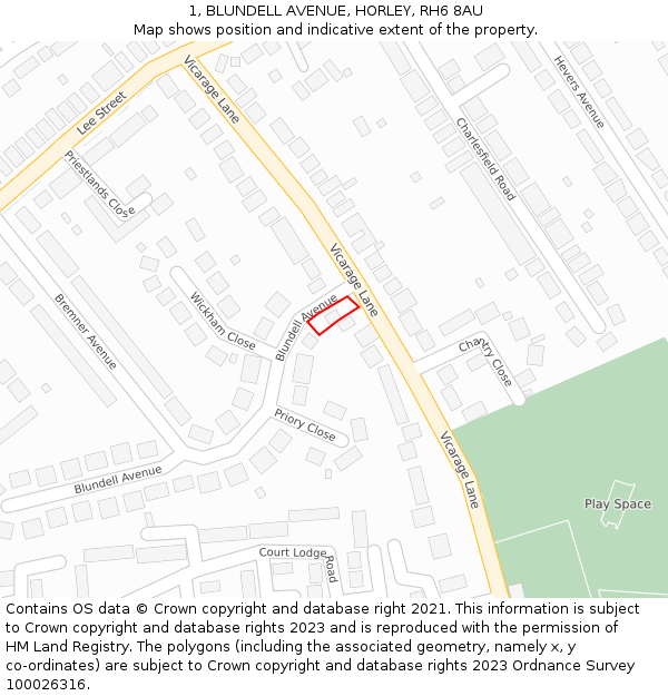 1, BLUNDELL AVENUE, HORLEY, RH6 8AU: Location map and indicative extent of plot