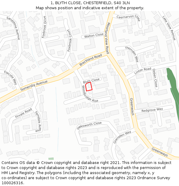 1, BLYTH CLOSE, CHESTERFIELD, S40 3LN: Location map and indicative extent of plot