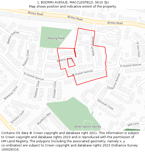 1, BODMIN AVENUE, MACCLESFIELD, SK10 3JU: Location map and indicative extent of plot