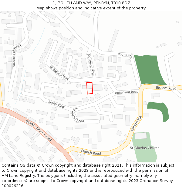 1, BOHELLAND WAY, PENRYN, TR10 8DZ: Location map and indicative extent of plot