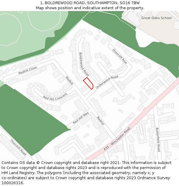 1, BOLDREWOOD ROAD, SOUTHAMPTON, SO16 7BW: Location map and indicative extent of plot