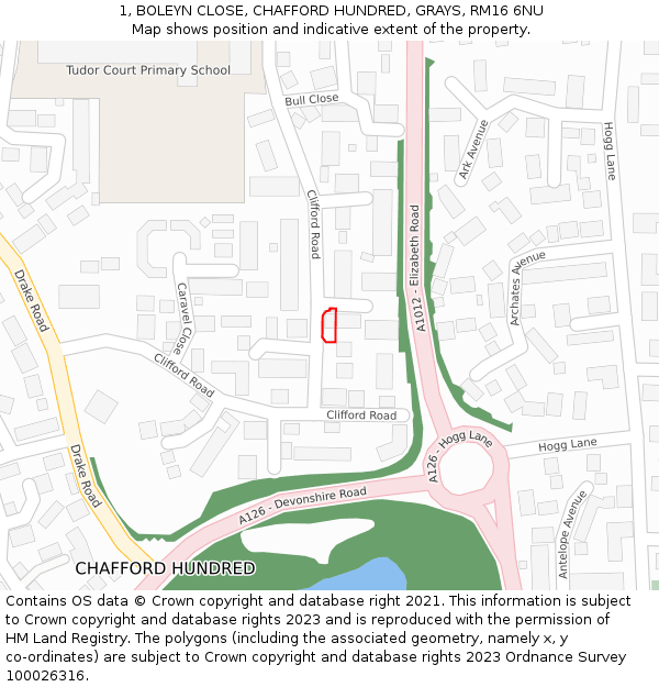 1, BOLEYN CLOSE, CHAFFORD HUNDRED, GRAYS, RM16 6NU: Location map and indicative extent of plot