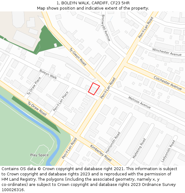 1, BOLEYN WALK, CARDIFF, CF23 5HR: Location map and indicative extent of plot
