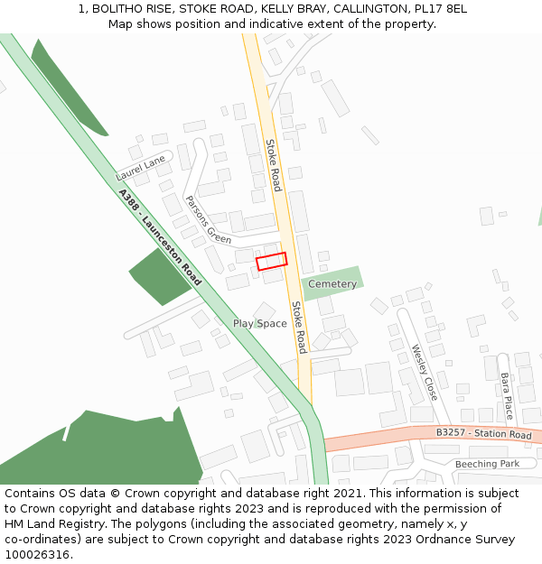 1, BOLITHO RISE, STOKE ROAD, KELLY BRAY, CALLINGTON, PL17 8EL: Location map and indicative extent of plot