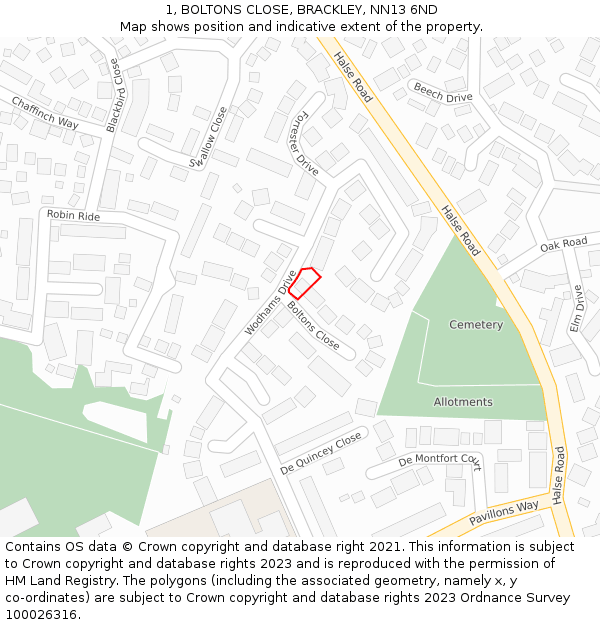 1, BOLTONS CLOSE, BRACKLEY, NN13 6ND: Location map and indicative extent of plot