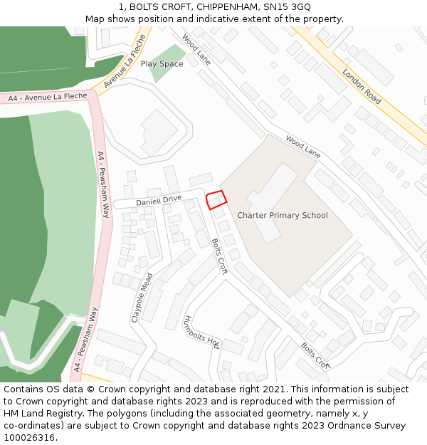 1, BOLTS CROFT, CHIPPENHAM, SN15 3GQ: Location map and indicative extent of plot