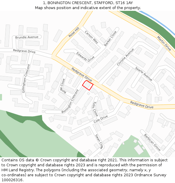 1, BONINGTON CRESCENT, STAFFORD, ST16 1AY: Location map and indicative extent of plot