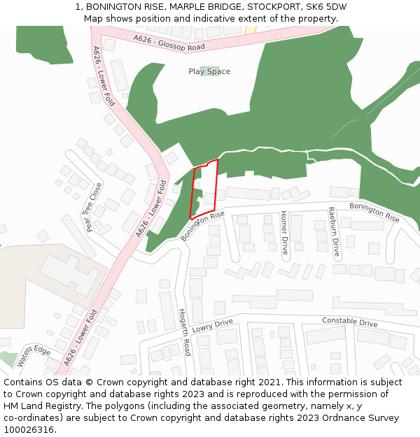 1, BONINGTON RISE, MARPLE BRIDGE, STOCKPORT, SK6 5DW: Location map and indicative extent of plot