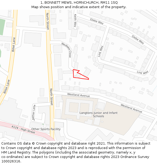 1, BONNETT MEWS, HORNCHURCH, RM11 1SQ: Location map and indicative extent of plot