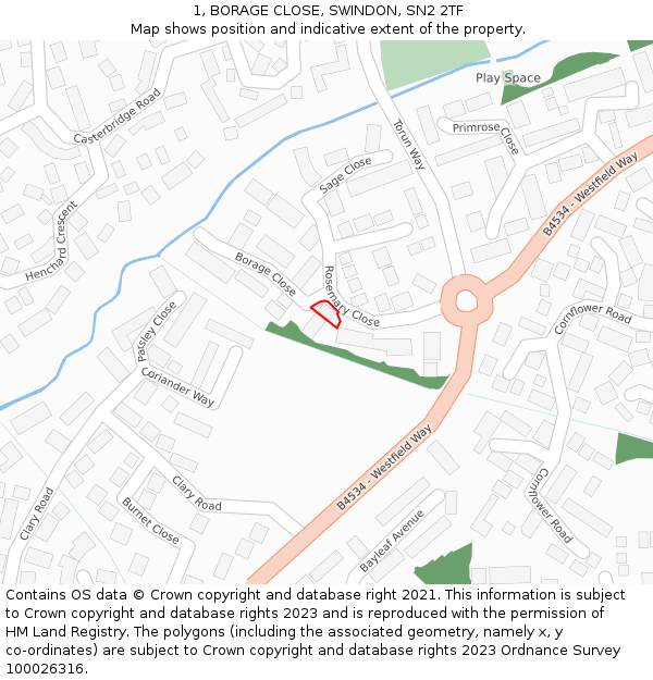 1, BORAGE CLOSE, SWINDON, SN2 2TF: Location map and indicative extent of plot