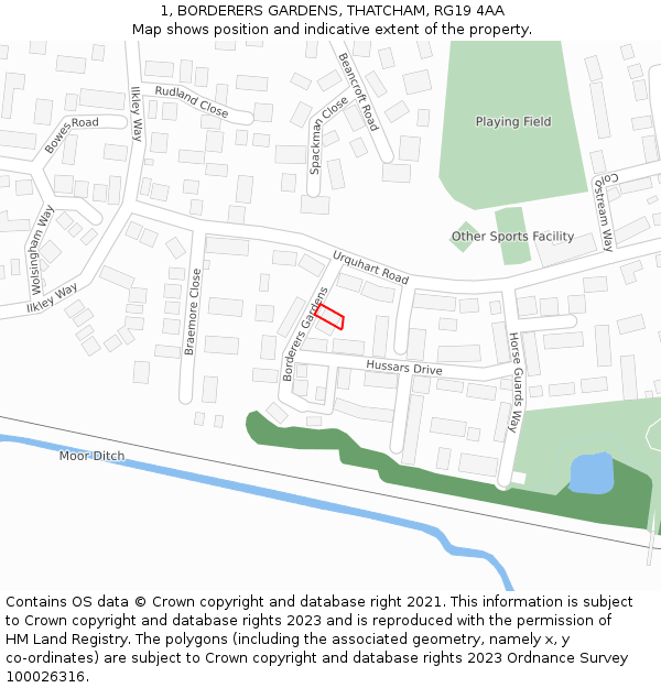 1, BORDERERS GARDENS, THATCHAM, RG19 4AA: Location map and indicative extent of plot