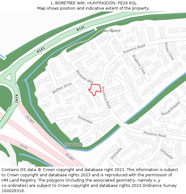 1, BORETREE WAY, HUNTINGDON, PE29 6GL: Location map and indicative extent of plot