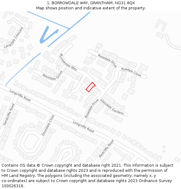 1, BORROWDALE WAY, GRANTHAM, NG31 8QX: Location map and indicative extent of plot