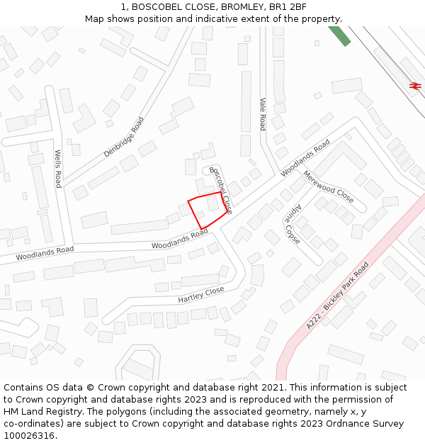 1, BOSCOBEL CLOSE, BROMLEY, BR1 2BF: Location map and indicative extent of plot