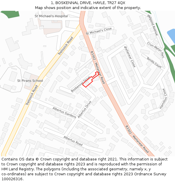 1, BOSKENNAL DRIVE, HAYLE, TR27 4QX: Location map and indicative extent of plot