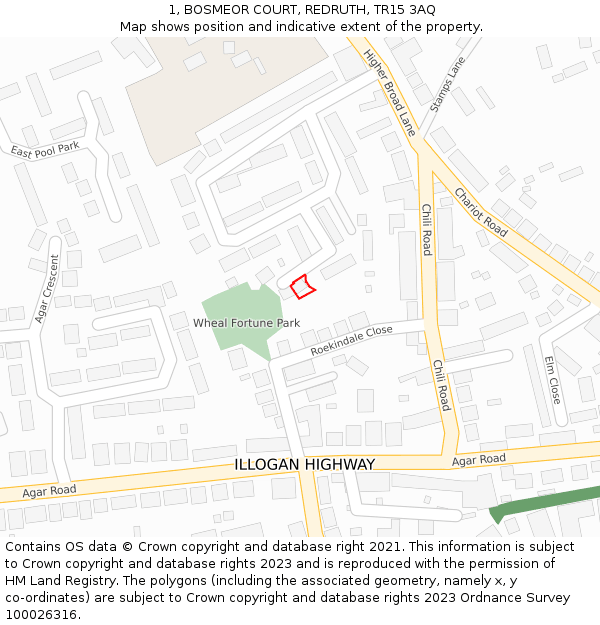 1, BOSMEOR COURT, REDRUTH, TR15 3AQ: Location map and indicative extent of plot