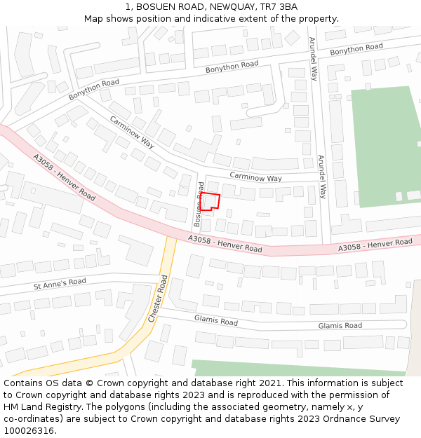 1, BOSUEN ROAD, NEWQUAY, TR7 3BA: Location map and indicative extent of plot