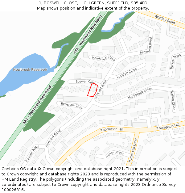 1, BOSWELL CLOSE, HIGH GREEN, SHEFFIELD, S35 4FD: Location map and indicative extent of plot