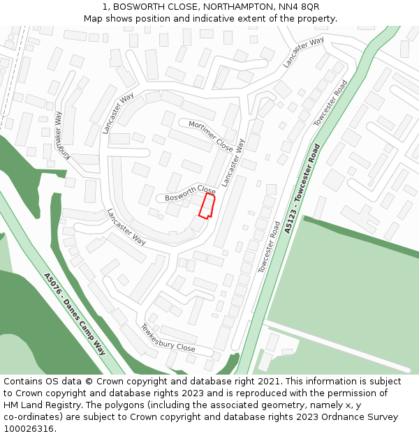 1, BOSWORTH CLOSE, NORTHAMPTON, NN4 8QR: Location map and indicative extent of plot