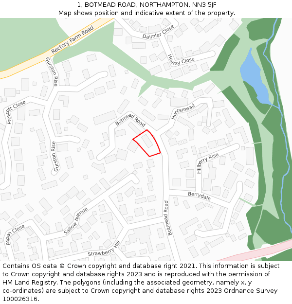 1, BOTMEAD ROAD, NORTHAMPTON, NN3 5JF: Location map and indicative extent of plot