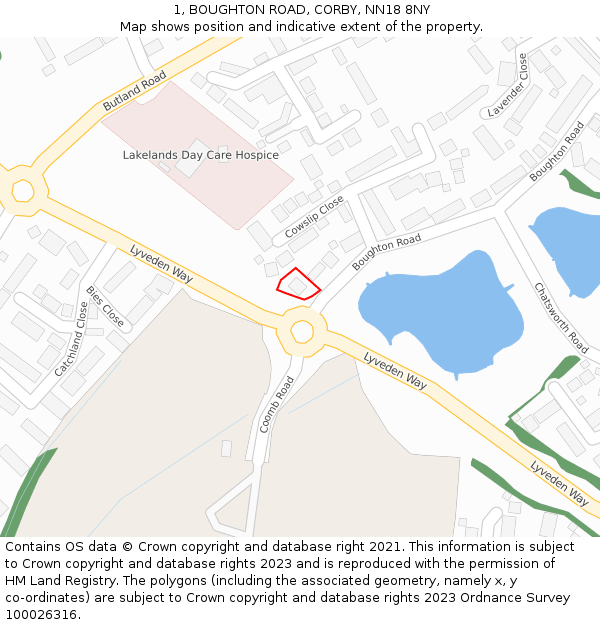 1, BOUGHTON ROAD, CORBY, NN18 8NY: Location map and indicative extent of plot
