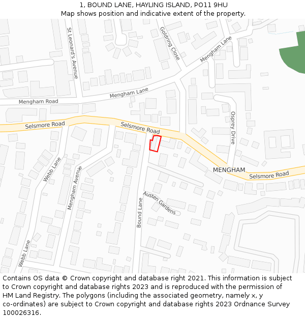 1, BOUND LANE, HAYLING ISLAND, PO11 9HU: Location map and indicative extent of plot